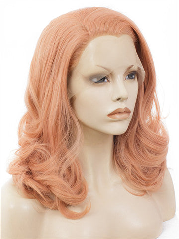 Middle-length Campsis Grandiflora Peach Pink Wave Synthetic Lace Front Wig - FashionLoveHunter