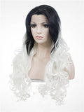 Long Black White Ombre Synthetic Lace Front Wig - FashionLoveHunter