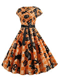 Halloween Pumpkin Print Crew Neck Dress