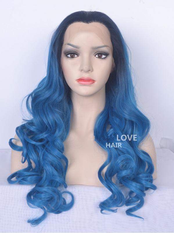 BLACK TO BLUE MERMAID WAVY LACE FRONT SYNTHETIC WIG - FashionLoveHunter