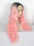 Long Black Root To Pastel Pink Bouncy Wavy Synthetic Lace Front Wig - FashionLoveHunter
