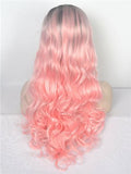 Long Black Root To Pastel Pink Bouncy Wavy Synthetic Lace Front Wig - FashionLoveHunter
