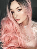 Long Black Root To Pastel Pink Bouncy Wavy Synthetic Lace Front Wig