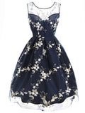 Blue 1950s Embroidery Swing Dress