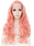 Coral Pink Long Wavy Synthetic Lace Front Wigs - Imstylewigs
