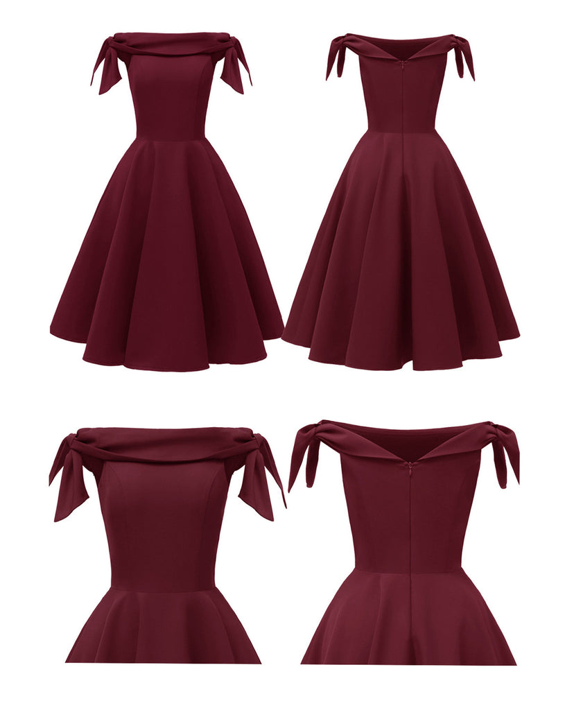Wine Red 1950s Off Shoulder Bow Dress